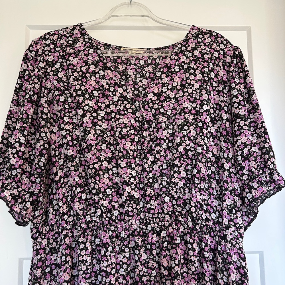 Inspired Hearts Black Dress with Pink and White Floral Pattern